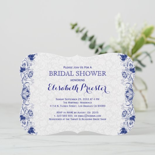 ホワイトアンドネイビーブルーレースブライダルシャワー招待状2 招待状 (スタンド正面)