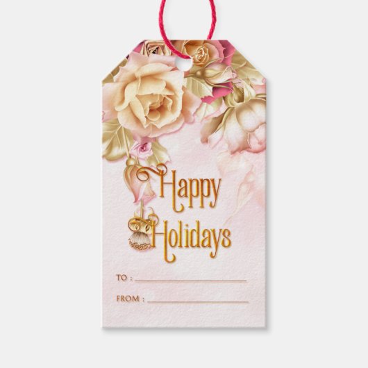 ホワイトアンドピンクホリデーバラハッピーホリデー ギフトタグ (正面)