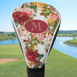 ホワイトアンドピンクローズフローラカスタムモノグラム ゴルフヘッドカバー