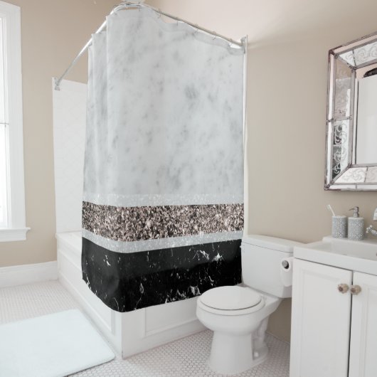 ホワイトアンドブラックマーブルバラ金ゴールドストライプグリッター#1 シャワーカーテン (インサイチュ)