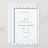 ホワイトアンドブルーストライプビーチクラブカバナ誕生日 招待状 (正面)