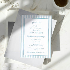 ホワイトアンドブルーストライプビーチクラブカバナ誕生日 招待状