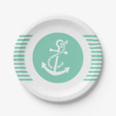 ホワイトアンドミント航海のいかり&ストライプ2 ペーパープレート (正面)