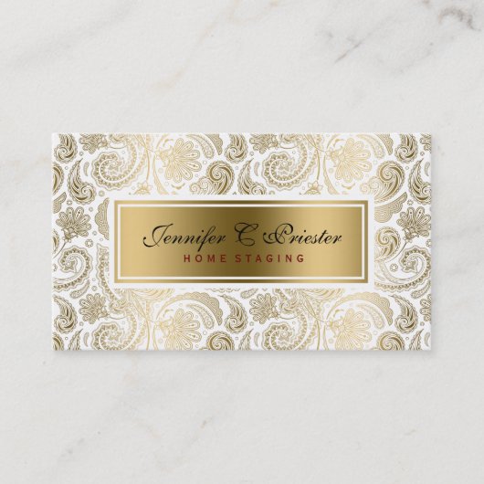 ホワイトアンド金ゴールドフローラレースペイズリー2 名刺 (正面)