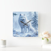 ホワイトアークティックウルフ冬の風景デザイン スクエア壁時計 (ホーム)