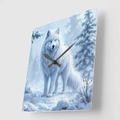 ホワイトアークティックウルフ冬の風景デザイン スクエア壁時計 (傾斜)