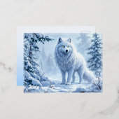 ホワイトアークティックウルフ冬の風景デザイン 箔シーズンポストカード (正面/裏面)