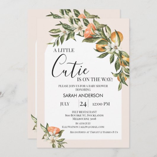 ホワイトアーチクレメンチンリトルかわいこちゃんベビーシャワー 招待状 (正面/裏面)