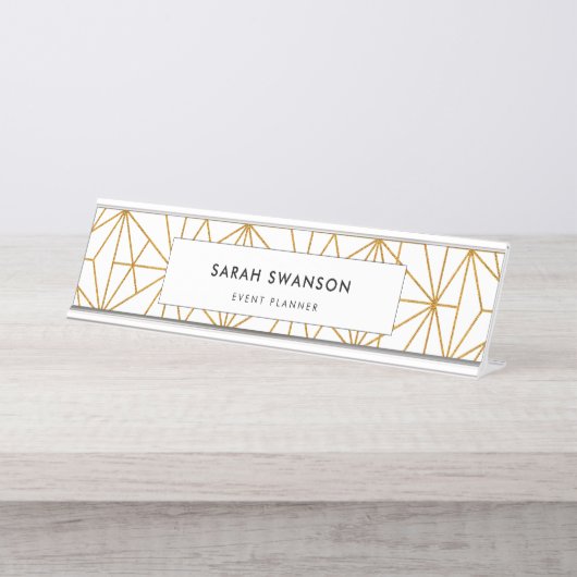 ホワイトアートと金ゴールドアートのデコ幾何学的パターン デスクネームプレート (正面)