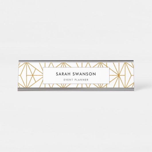ホワイトアートと金ゴールドアートのデコ幾何学的パターン デスクネームプレート (正面)