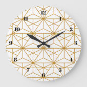 ホワイトアートと金ゴールドアートのデコ幾何学的パターン ラージ壁時計 (正面)