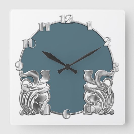ホワイトアールデコシルバーデザインの任意の色 スクエア壁時計 (正面)