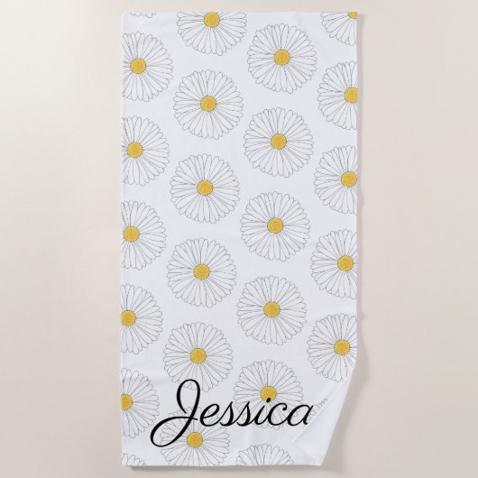ホワイトイエローデイジーフラワーフローラガーデンプリント ビーチタオル (正面)