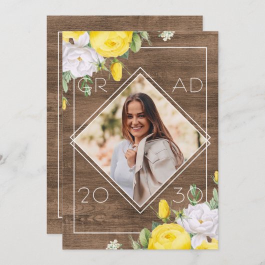 ホワイトイエローローローローズフローラボホ素朴卒業 案内状 (正面/裏面)