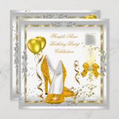 ホワイトイエロー金ゴールドグリッターヒール誕生日パーティー 招待状 (正面/裏面)