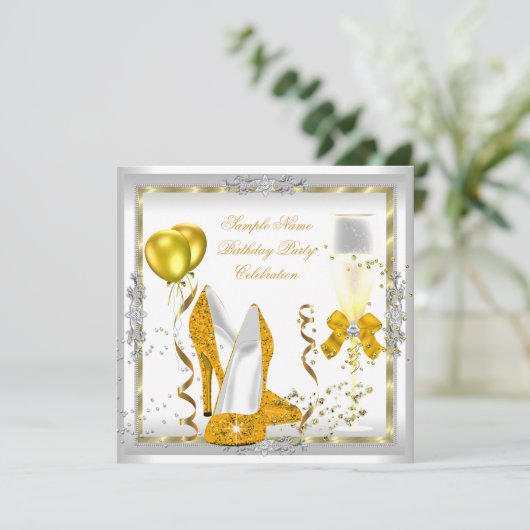 ホワイトイエロー金ゴールドグリッターヒール誕生日パーティー 招待状 (スタンド正面)