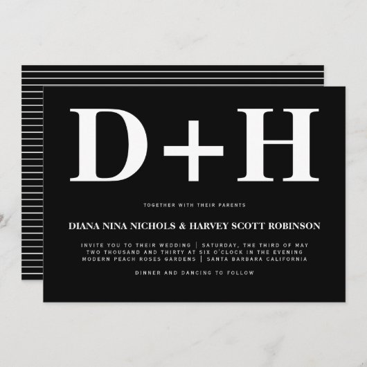 ホワイトイニシャルはっきりしたタイポグラフィブ結婚ラック 招待状 (正面/裏面)