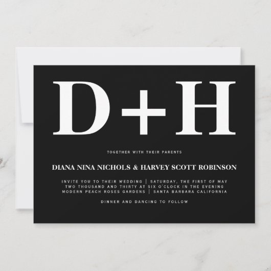 ホワイトイニシャルはっきりしたタイポグラフィブ結婚ラック 招待状 (正面)