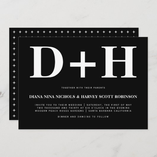 ホワイトイニシャルはっきりしたタイポグラフィブ結婚ラック 招待状 (正面/裏面)