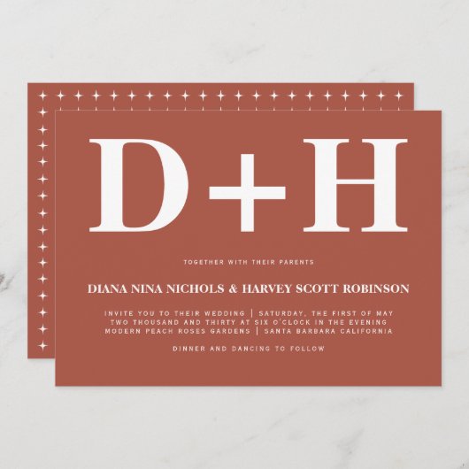 ホワイトイニシャルテラコッタはっきりしたタイポグラフィ結婚ズ 招待状 (正面/裏面)