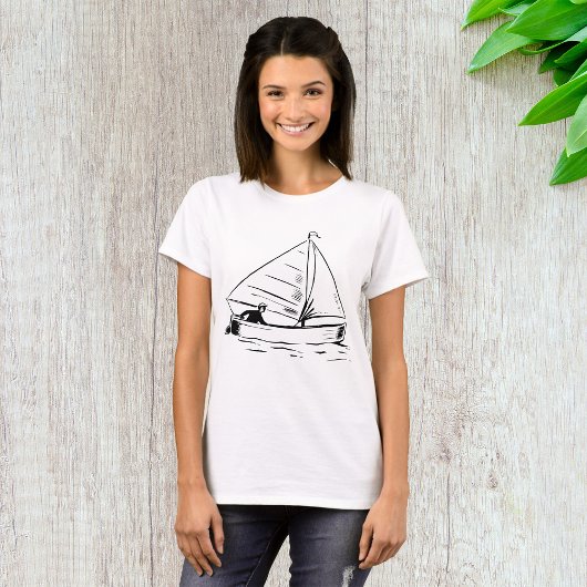 ホワイトインクの海洋帆船スケッチ Tシャツ