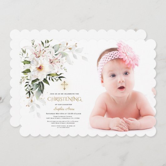 ホワイトインペリアルリリーバラフォトガール《キリスト教》洗礼式や命名式 招待状 (正面/裏面)