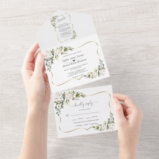 ホワイトインペリアルリリー金ゴールド金ゴールドフレ結婚ーム オールインワン招待状 (貼ってはがせる)