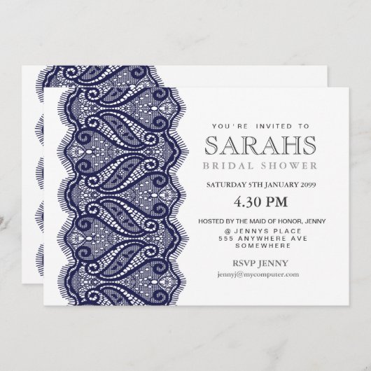 ホワイトウィズネイビーレースブライダルシャワーパーティー招待状 招待状 (正面/裏面)