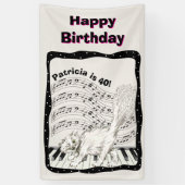 ホワイトウィンキングキャットピアノ鍵ミュージックノート誕生日 横断幕 (縦)