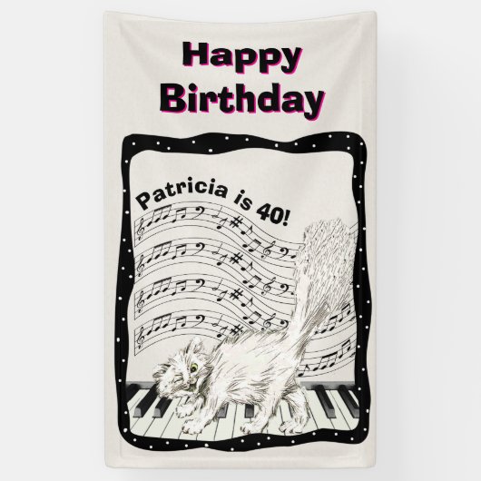 ホワイトウィンキングキャットピアノ鍵ミュージックノート誕生日 横断幕 (縦)