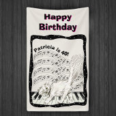 ホワイトウィンキングキャットピアノ鍵ミュージックノート誕生日 横断幕