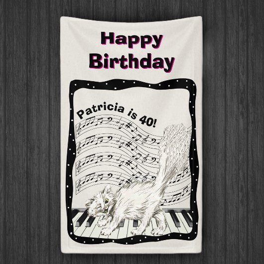 ホワイトウィンキングキャットピアノ鍵ミュージックノート誕生日 横断幕