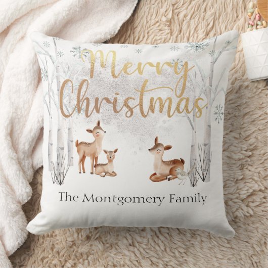 ホワイトウィンターウッドランドディアー&金ゴールドメリークリスマス クッション (ブランケット)