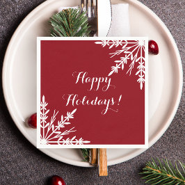 ホワイトウィンタースノーフレークオンレッドハッピーホリデーズ スタンダードカクテルナプキン