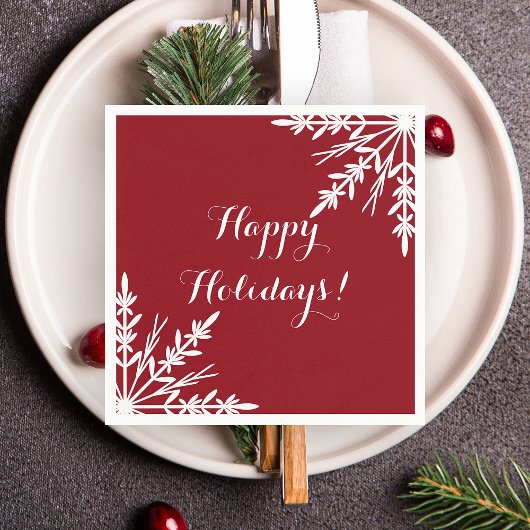 ホワイトウィンタースノーフレークオンレッドハッピーホリデーズ スタンダードカクテルナプキン