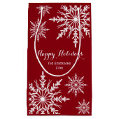ホワイトウィンタースノーフレークオンレッドハッピーホリデーズ スモールペーパーバッグ (正面)
