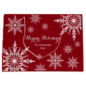 ホワイトウィンタースノーフレークオンレッドハッピーホリデーズ ラージペーパーバッグ (正面)