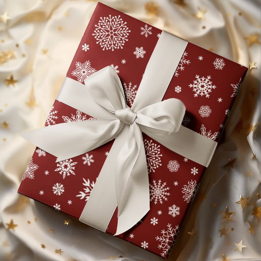 ホワイトウィンタースノーフレーククリムゾンレッド ラッピングペーパー