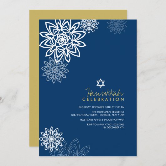 ホワイトウィンタースノーフレークスハヌカーお祝いパーティー 招待状 (正面/裏面)