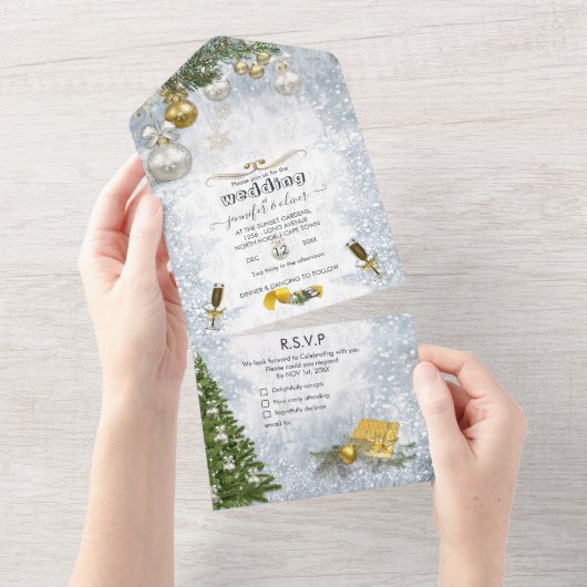 ホワイトウィンターセレブレーションオールインワンウェディング招待状 オールインワン招待状 (貼ってはがせる)