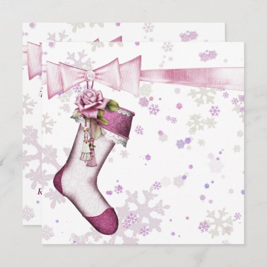 ホワイトウィンターピンクのスノーフレーク赤ちゃんシャワー 招待状 (正面/裏面)