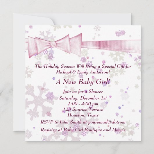ホワイトウィンターピンクの雪の結晶ベビーシャワー 招待状 (裏面)