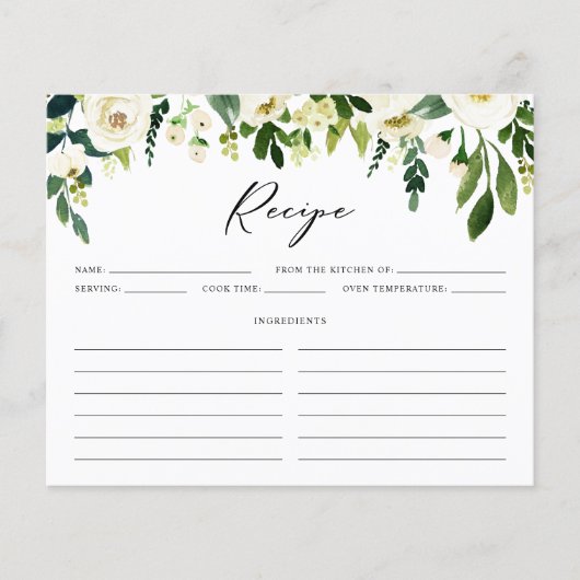 ホワイトウィンターフラワーズブライダルシャワーレシピカード (正面)