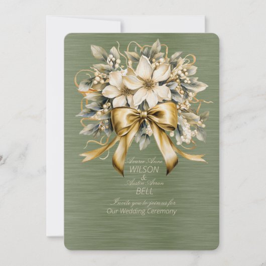 ホワイトウィンターベリーグリーンリーフ金ゴールドリボンクリスマス 招待状 (正面)