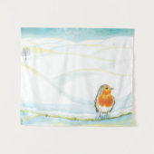 ホワイトウィンターランドスケープイラストレーションウィズロビン タペストリー (正面(横))