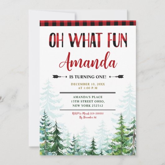 ホワイトウィンターランバージャックオーwhatおもしろいファースト誕生日 招待状 (正面)