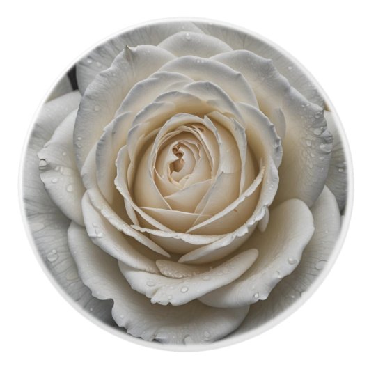 ホワイトウェットバラクローズアップデザイン セラミックノブ (正面)