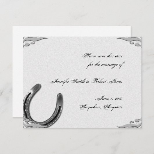 ホワイトウェディングのシルバーホースシューズ日付を保存 セーブザデート (正面/裏面)