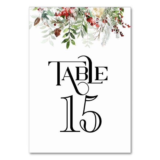 ホワイトウェディングレセプションでのクリスマスグリーン テーブルナンバー (正面)