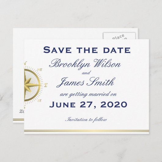 ホワイトウェディング航海のは日付はがきを保存 案内ポストカード (正面/裏面)